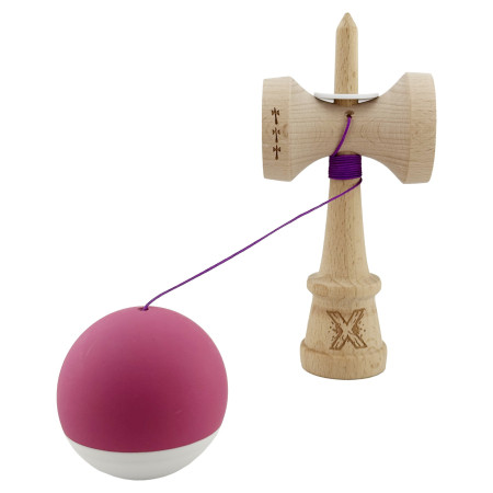 Kendama X Originala, Profesionala, Cyrax, Rubber Grip, Cupe Mari KING SIZE V3, Gaura in Baza, Rulment Metalic, din lemn 18 cm, Ata 62/65 cm, Bicolor Roz inchis/Alb