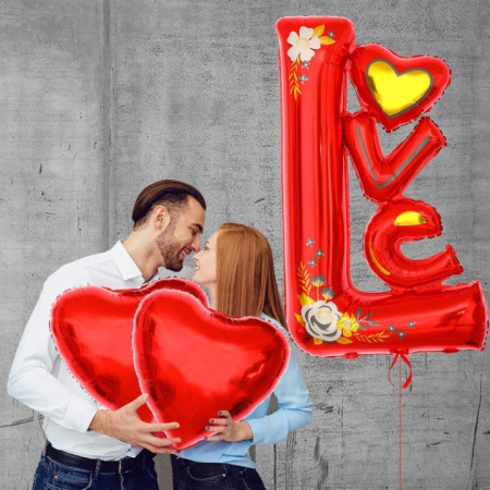Balon din Folie Metalizata, Cyrax, Figurine, Model LOVE, Tematica Iubire, 110x64 cm, Ambalaj Individual, Pai Inclus, Umflare cu Aer sau Heliu, Rosu