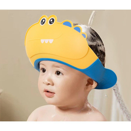 Casca de Dus, Cyrax, Previne Scurgerea Apei si Samponului pe Fata, 0-12 Ani, Ajustabila, din TPE+PP, 20 x 23 cm, Model Crocodil, Galben/Albastru