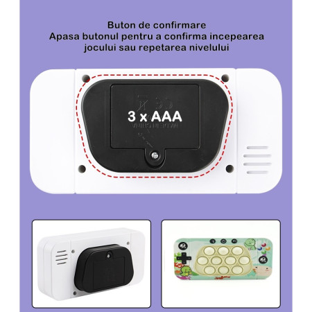 Jucarie interactiva tip consola pentru copii Cyrax, speed push whack-a-mole, joc de viteza pop it, material ABS/silicon, cu nivele, sunete si lumini, 15.5 x 7.6 x 5.3 cm, model dinozaur, verde