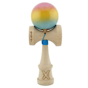 Kendama X Originala, Profesionala, Cyrax, Big Cups V2, Super Sticky cu Cupe Mari, din lemn 18 cm, Rulment Metalic cu Ata 55 cm, Roz/Galben/Albastru