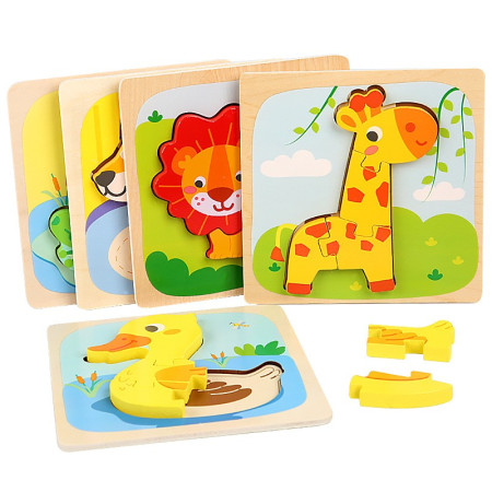 Puzzle Montessori din Lemn pentru Copii, Cyrax, 3D, 0-3 Ani, Model Girafa, Educativ, Intuitiv, Creativ, 4 Piese, 15x15x0.5 cm, Multicolor