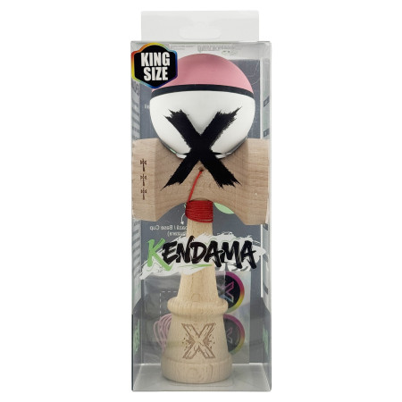 Kendama X Originala, Profesionala, Cyrax, Cupe Mari KING SIZE V3, Rubber Grip, Gaura in Baza, Rulment Metalic, din lemn 18 cm, Ata 62/65 cm, S Bicolor Roz/Alb