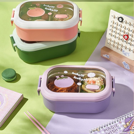 Cutie pentru Pranz sau Gustari, Cyrax, cu Doua Compartimente, pentru Copii si Adulti, Etansare, PP, Perfect pentru Scoala si Birou, 1000 mL, 22.5x14.5x8 cm, Roz