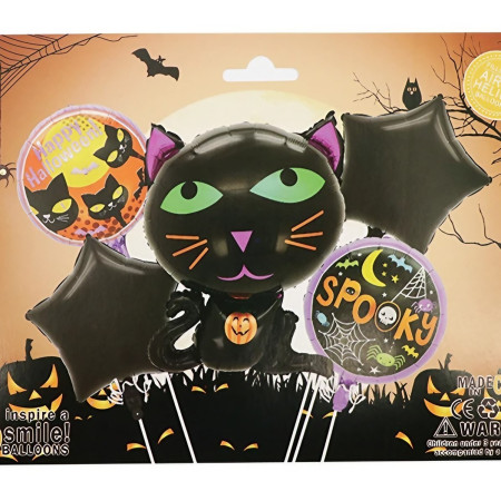 Set 5 Baloane din Folie Metalizata, Cyrax, Figurine, Tema Halloween, Pai Inclus, Ambalaj Individual, Umflare cu Aer sau Heliu, Figurina Pisica 65x49 cm, Stelute si Cerculete 45 cm, Negru