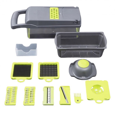 Feliator Multifunctional, Cyrax, Razatoare, 8 in 1, pentru Fructe si Legume, 10 Piese, Lame de Inox, Recipient Stocare, Separator Oua, Protectie Mana, ABS, 32.2x11.3 cm, Verde/Gri