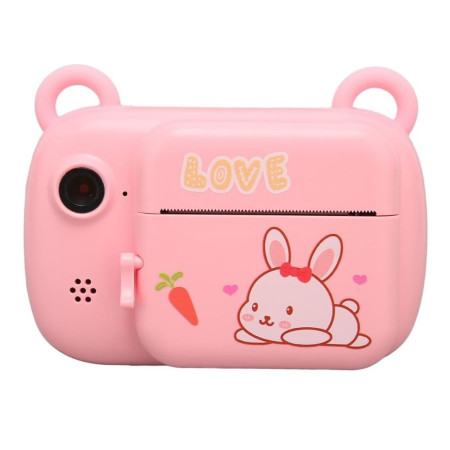 Camera Instantanee pentru Copii, Cyrax, Camera Frontala + Selfie, cu Functie de Printare, Cablu USB-C, Bluetooth, Compatibil iOS/Android, Imprimare APP, Model Iepure Love, Roz