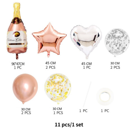Set 9 Baloane din Folie Metalizată si din Latex, Cyrax, Model Sticla de Sampanie, Baloane Party, Bat si Adeziv Incluse, Umflare cu Aer sau Heliu, Roz Alb