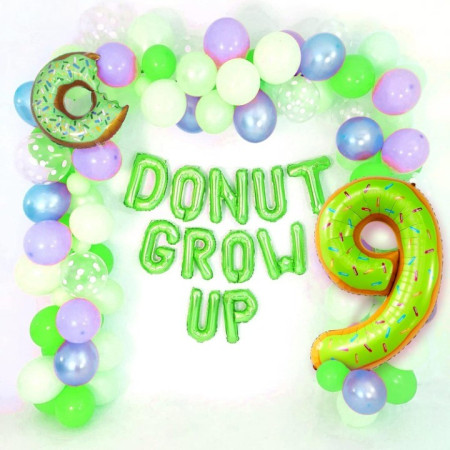 Balon din Folie Metalizata Cyrax, Figurina Cifra, Imprimeu Gogosi, Tema Aniversare 100 cm, Ambalaj Individual, Pai inclus, Umflare cu Aer sau Heliu, Multicolor, Cifra 9