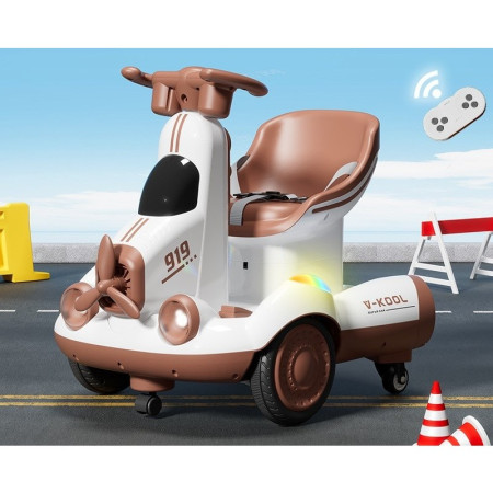 Masinuta Electrica, Cyrax, pe 4 Roti, cu Telecomanda, Lumini Led si Muzica, +2 ani, Inaltime Reglabila, Maro