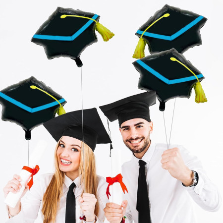 Balon din Folie Metalizata, Cyrax, Figurina, Model Toca Congrats Grad, Tematica Absolvire, 56x70 cm, Ambalaj Individual, Pai Inclus, Umflare cu Aer sau Heliu, Negru-Albastru