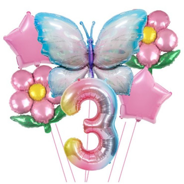 Cyrax Set baloane aniversare cu numere, din folie de aluminiu, 6 piese, 2 flori, 2 stelute, 1 fluture, 1 cifra, Multicolor, Cifra 3