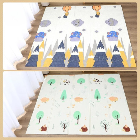 Covoras pentru Copii, Cyrax, cu 2 Fete, Model Padure/Elefanti, din XPE+PE, Impermeabil, Antiderapant, Protectie Termica, +3 Luni, Pliabil, 150 x 200 x 1.5 cm, Multicolor