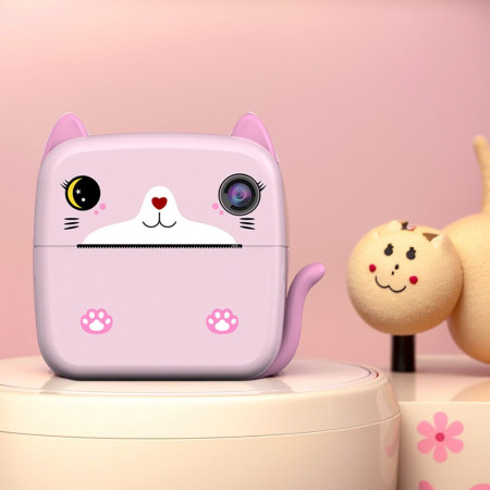 Set Camera Instantanee pentru Copii, Cyrax, Ecran HD 2.4'', 24MP, 720P Video, 1200 mAh, cu Functie de Printare Alb-Negru, cablu USB-C, Bluetooth, Compatibil iOS/Android, Imprimare APP, Model Kitty, Roz