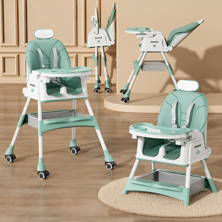Scaun de Masa pentru Bebelusi si Copii Cyrax, cu Roti, cu Tetiera, Telescopic, Pliabil, Masuta Reglabila, Suport Picioare, Scaun cu Invelis Piele Artificiala, Centura Siguranta, Spatiu Depozitare, 97 x 73 x 65 cm, Albastru