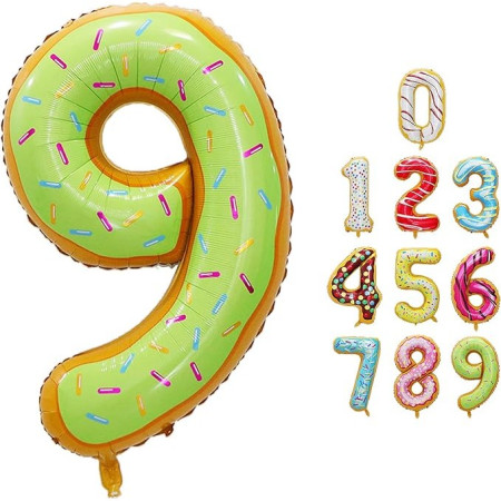 Balon din Folie Metalizata Cyrax, Figurina Cifra, Imprimeu Gogosi, Tema Aniversare 100 cm, Ambalaj Individual, Pai inclus, Umflare cu Aer sau Heliu, Multicolor, Cifra 9