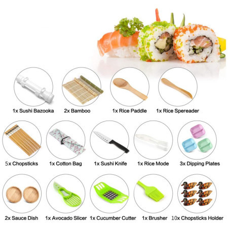 Set Ustensile pentru Sushi, Cyrax, Set din 31 Accesorii pentru Sushi, Set pentru Sushi HOME MADE, Cutit Inclus, Forme, Betisoare, Multicolor