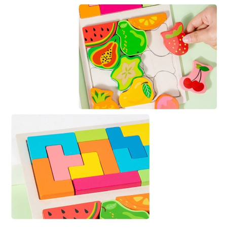 Puzzle Montessori din Lemn pentru Copii, Cyrax, Tip Tetris 2in1 +3 Ani, cu Fructe Colorate 3D, Educativ, Intuitiv, Creativ, 21 de Piese, 28.5x17x1.2 cm, Multicolor
