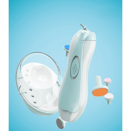 Pila Electrica Unghii pentru Bebelusi, Cyrax, 6 Piese, 15 x 4.5 x 3 cm, Silentios, 0-3 Ani, 4 Trepte de Viteza, Albastru