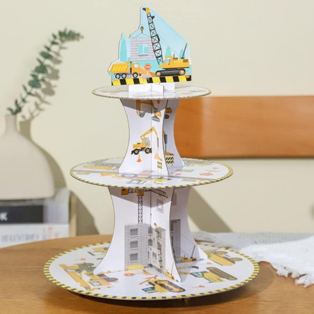 Etajera pentru Prajituri, Cyrax, din Carton, 3 Nivele, 16/22/29 cm Diametru, Inaltime 38 cm, Tema Utilaje de Santier, Multicolor