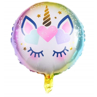 Balon din Folie Metalizata, Cyrax, Mini Figurina Rotunda, Model Unicorn, Happy Birthday, Tematica Aniversare, 45 cm, Ambalaj Individual, Pai Inclus, Umflare cu Aer sau Heliu, Multicolor