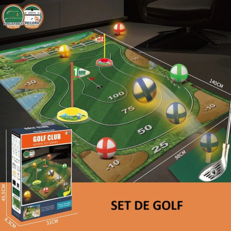 Set de Golf, Cyrax, Interactiune Parinte-Copil, Covor de Golf, 140 x 98 cm, 4 Mingii cu Scai, 3 Crose Reglabile, Model B, +3 Ani, Multicolor