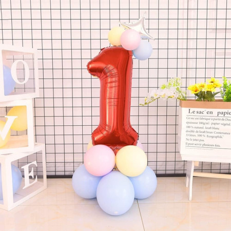 Balon din Folie Metalizata Cyrax, Figurina Cifra, Tema Aniversare 100 cm, Ambalaj Individual, Pai inclus, Umflare cu Aer sau Heliu, Rosu, Cifra 1