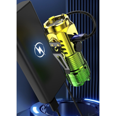 Lanterna cu 3 Nuclee Led,  Incarcare USB, Autonomie 4-20h, Raza Maxima 100-200 m, 5W, 4 x 4 x 9 cm, Suport de Agatat, Fund Magnetic, Galben/Verde