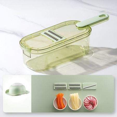 Feliator Multifunctional, Cyrax, 3 in 1, pentru Fructe si Legume, 6 Piese, Maner, Lame de Inox, Recipient Stocare, Protectie Mana, ABS, 35x12x9.4 cm, Verde