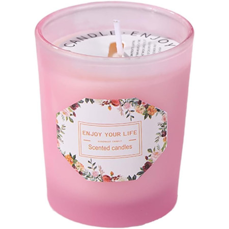 Lumanare Parfumata,  Model Pahar Roz, Aroma de Lamaie si Trandafir, din Ceara de Soia, 6.2 x 5.2 cm, Roz