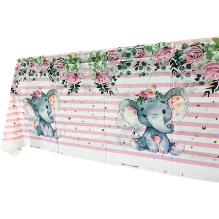 Fata de Masa, Cyrax, din Plastic, Imprimeu Elefanti, 180 x 108 cm, Roz