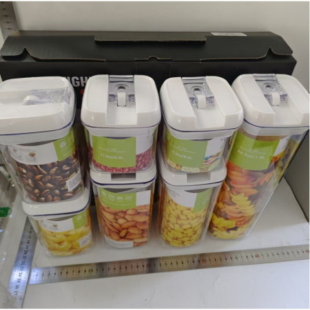 Set 7 Recipiente din Plastic, Cyrax, pentru Alimente/Obiecte, Inchidere Ermetica, 2 x 0.5l, 2 x 0.8l, 2 x 1.2l, 1 x 1.9 l, Capac Alb, Transparent