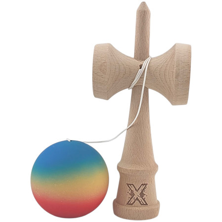 Kendama X Originala, Profesionala, Cyrax, din Lemn, Rubber Grip, 18 cm, Rosu/Galben/Albastru