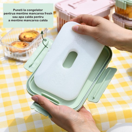 Caserola portabila pentru mancare fresh Cyrax, 550 ml, furculita pentru fructe, 7 x 11.5 x 16 cm, capac detasabil pentru congelator, etans, spatiu pentru tacamuri, maner, material plastic, rezistent la temperaturi ridicate, transparent