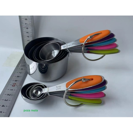 Set 10 Piese de Masurare, Cyrax, 5 Linguri Gradate + 5 Cesti Gradate, Otel Inoxidabil + Silicon, 19 x 8 x 9 cm, Multicolor