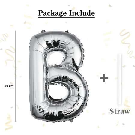 Balon Folie Metalizata Litera B, Cyrax, 40 cm, Umflati cu Heliu sau Aer, Ambalaj Individual, Pai inclus, Argintiu