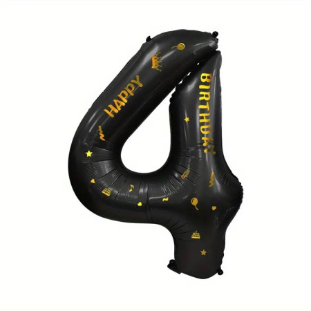 Balon din Folie Metalizata Cyrax, Figurina Cifra, Scris Happy Birthday, Tema Aniversare 100 cm, Ambalaj Individual, Pai inclus, Umflare cu Aer sau Heliu, Negru, Cifra 4