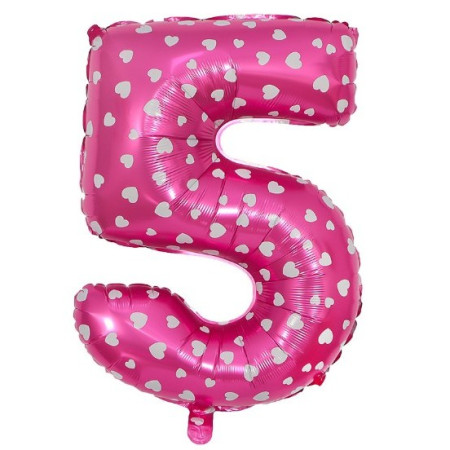 Balon din Folie Metalizata Cyrax, Figurina Cifra, Imprimeu Inimi, Tema Aniversare 80 cm, Ambalaj Individual, Pai inclus, Umflare cu Aer sau Heliu, Roz, Cifra 5