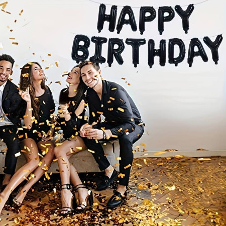 Set 25 de Baloane din Folie Metalizata si Latex, Cyrax, Figurine 2 Stele, 4 Baloane Confetti, 13 Litere, 6 Latex, Model Happy Birthday, Tema Aniversare, 40 cm, Ambalaj Individual, Pai Inclus, Umflare cu Aer sau Heliu, Negru