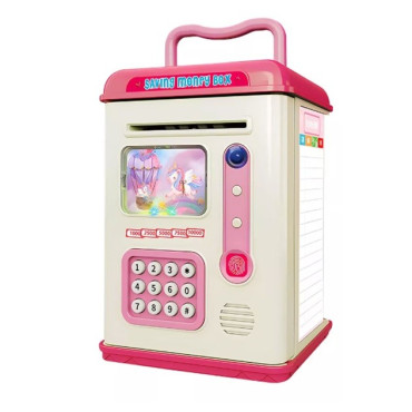 Set Pusculita pentru Copii, Cyrax, Tip ATM, Parola cu Amprenta, 13.5 x 11.5 x 20 cm, Roz