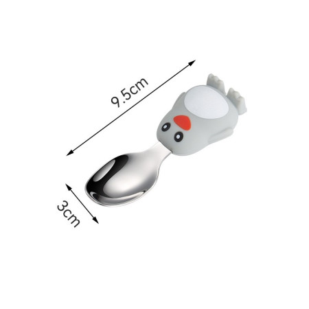 Set diversificare bebelusi Cyrax, din silicon, 23.5 x 12.5 cm, 1 farfurie compartimentata in forma de pinguin, lingurita si furculita, pai, perie pai, fara alergeni, ventuza fixare,  forma creativa,  gri