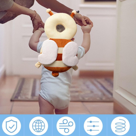 Perna tip Rucsac pentru Protectia Capului,  Tetiera tip Albina, pentru Bebelusi, Design tip Plasa, 33x6x19 cm, 180 g, Maro/Bej