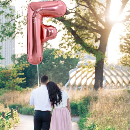 Balon Folie Metalizata Litera F, Cyrax, 100 cm, Umflati cu Heliu sau Aer, Ambalaj Individual, Pai inclus, Rose Gold