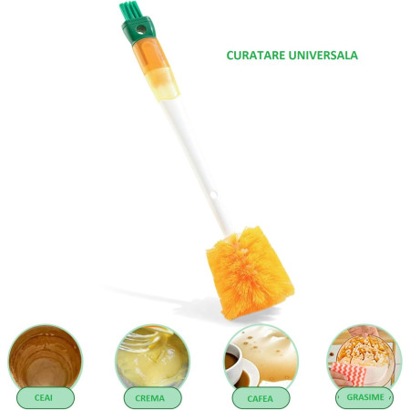 Perie 5 in 1 de Curatat Pahare, Cani, Sticle, Cyrax, cu Maner Lung, Accesorii pentru Spalarea Paielor si Capacelor, Usor de Agatat, 36x7x7cm, Portocaliu-Alb