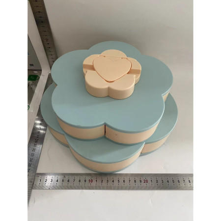 Tava pentru Servire, Cyrax, pentru Fructe / Legume / Snackuri, cu Sertare, Deschidere Rotativa, pe 2 Straturi, in Forma de Floare, 26 x 26 x 11.5 cm Albastru