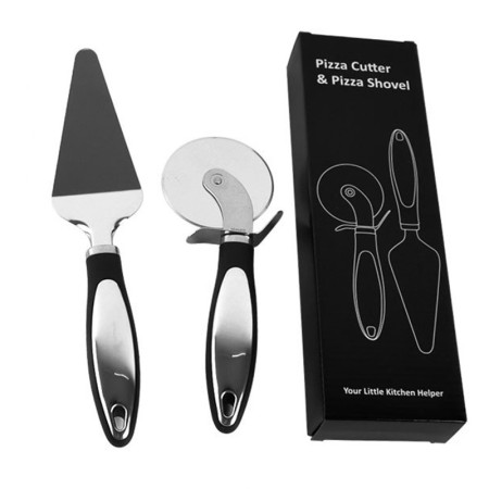 Feliator si Lopatica pentru Pizza, Cyrax, set din 2 ustensile, Otel Inoxidabil, Maner Antiderapant, 26.5 x 8 x 3 cm, Negru
