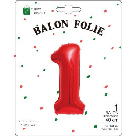 Balon din Folie Metalizata Cyrax, Figurina Cifra, Tema Aniversare 40 cm, Ambalaj Individual, Pai inclus, Umflare cu Aer sau Heliu, Rosu, Cifra 1
