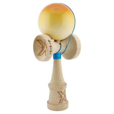 Kendama X Originala, Profesionala, Cyrax, Big Cups V2, Super Sticky cu Cupe Mari, din lemn 18 cm, Rulment Metalic cu Ata 55 cm, Portocaliu/Galben/Alb