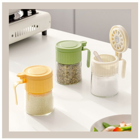 Recipient Condimente, Cyrax, din Stilca, 180 ml, cu Maner si Lingurita, 10.6 x 7 x 7 cm, Capac Mat, Verde