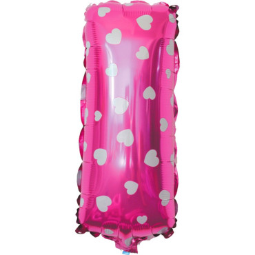 Balon Folie Metalizata Litera I, Cyrax, 40 cm, Cu Imprimeu Inimioare, Umflati cu Heliu sau Aer, Ambalaj Individual, Pai inclus, Roz